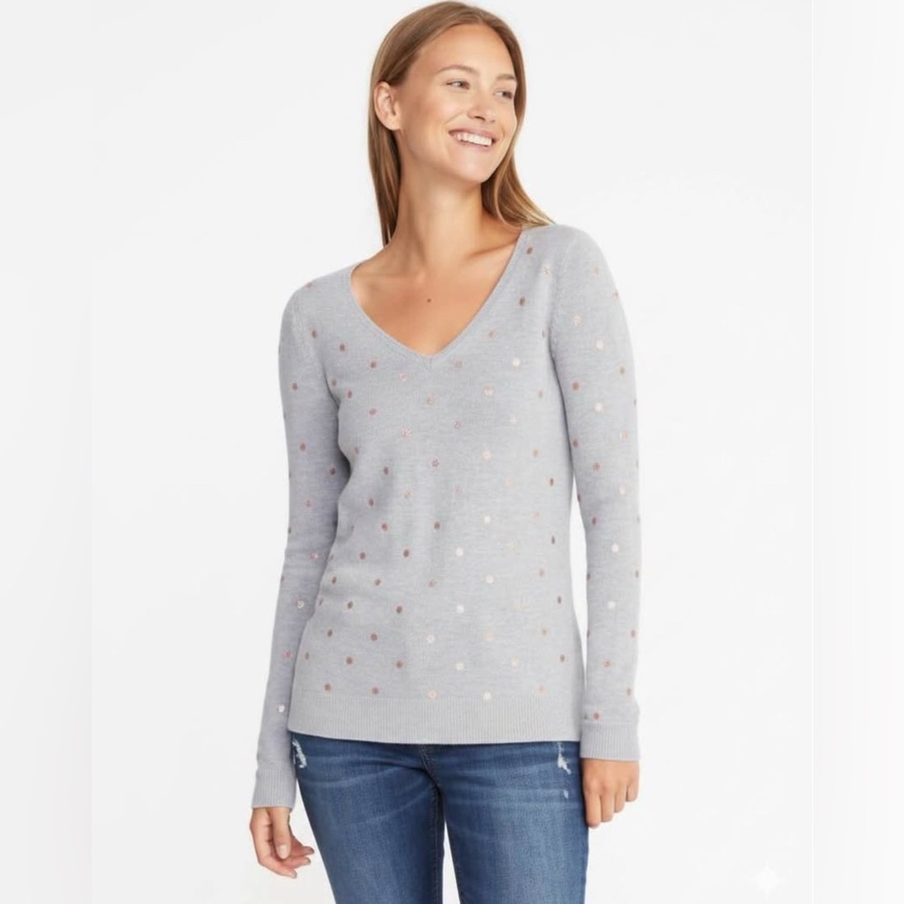 Semi-Fitted Metallic-Dot V-Neck Sweater